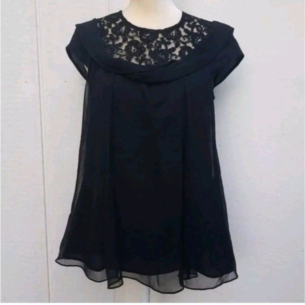 Nanette Lepore blk silk flral lace detail top  wms sz 2 whimsigoth Y2k  witchy